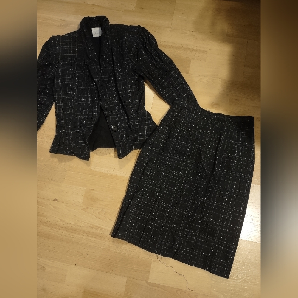 Vintage Black Plaid Blazer and Skirt Set